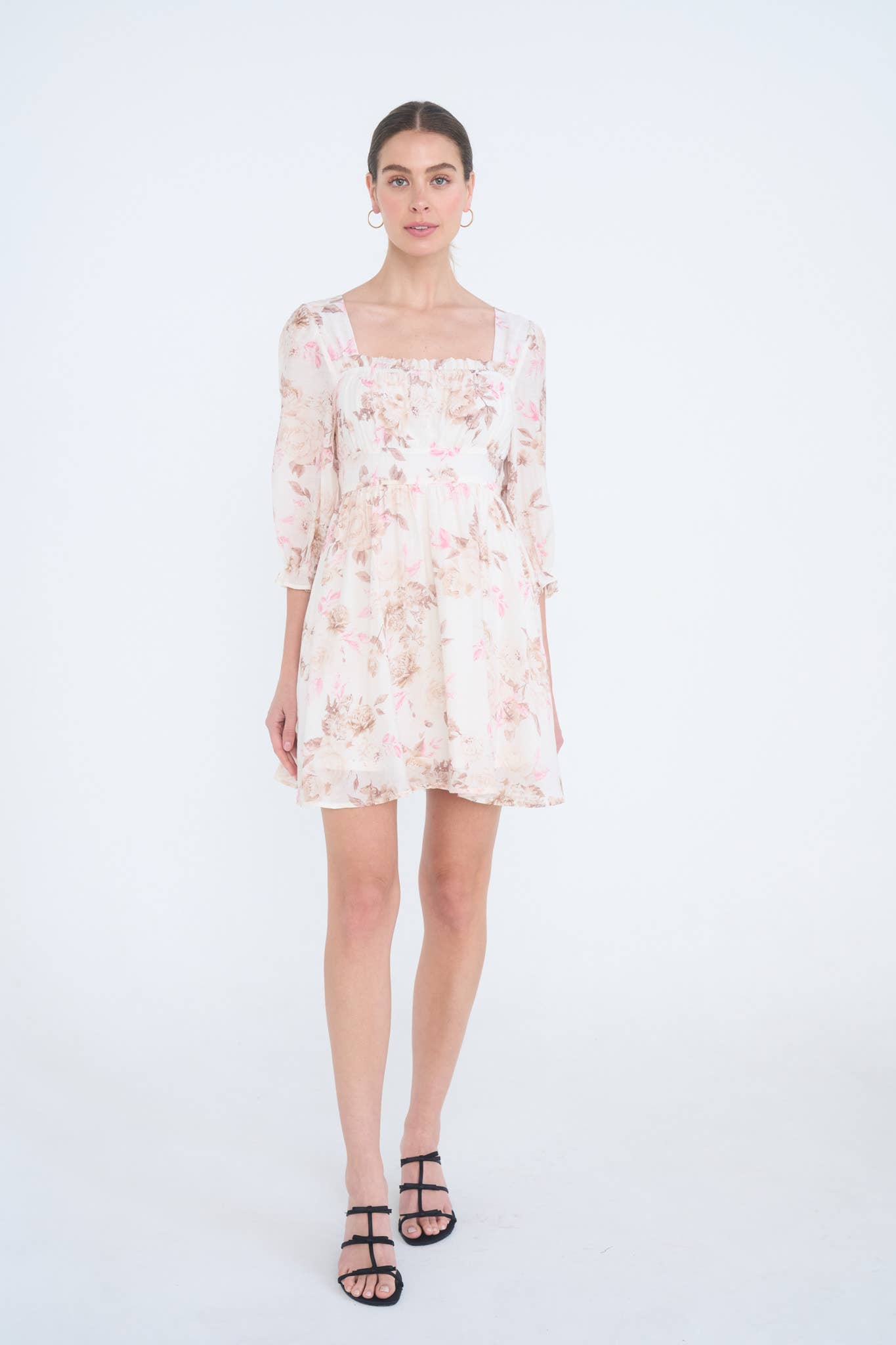 FLORAL SQUARE NECK HALF SLEEVE MINI DRESS
