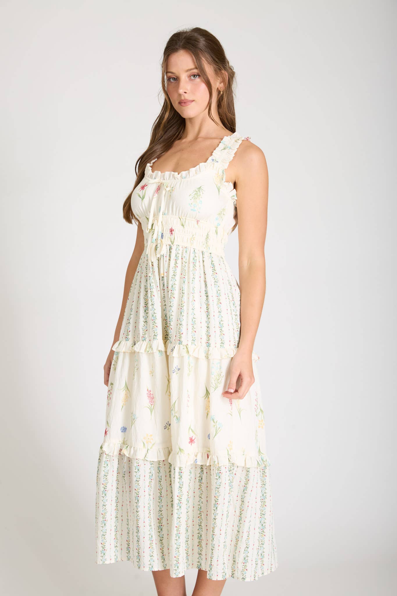 FLORAL COLORBLOCK RUFFLED TIERED MIDI DRESS (PRE-ORDER)