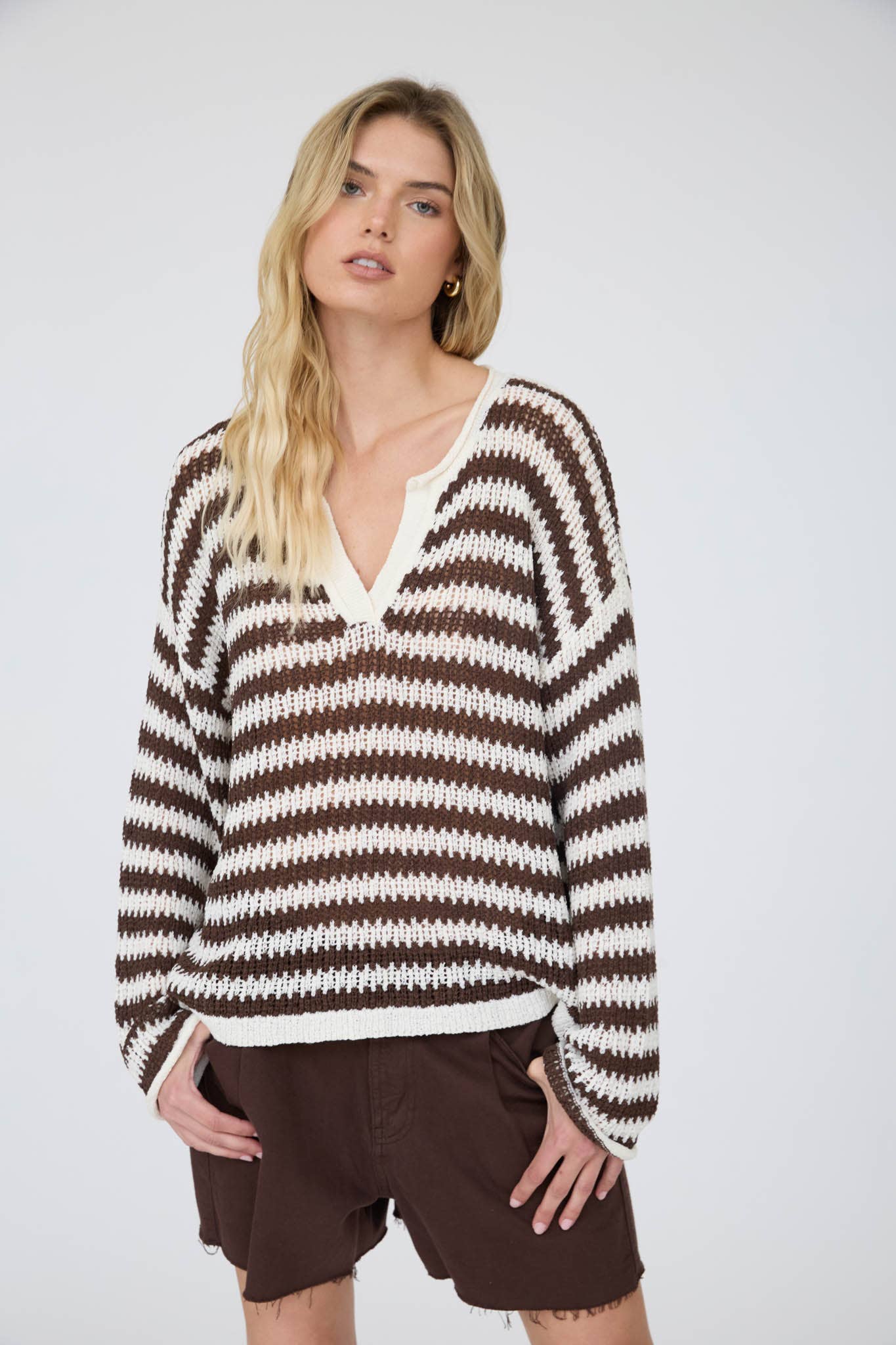 STRIPE RAW EDGE SPLIT NECK SHEER KNIT SWEATER