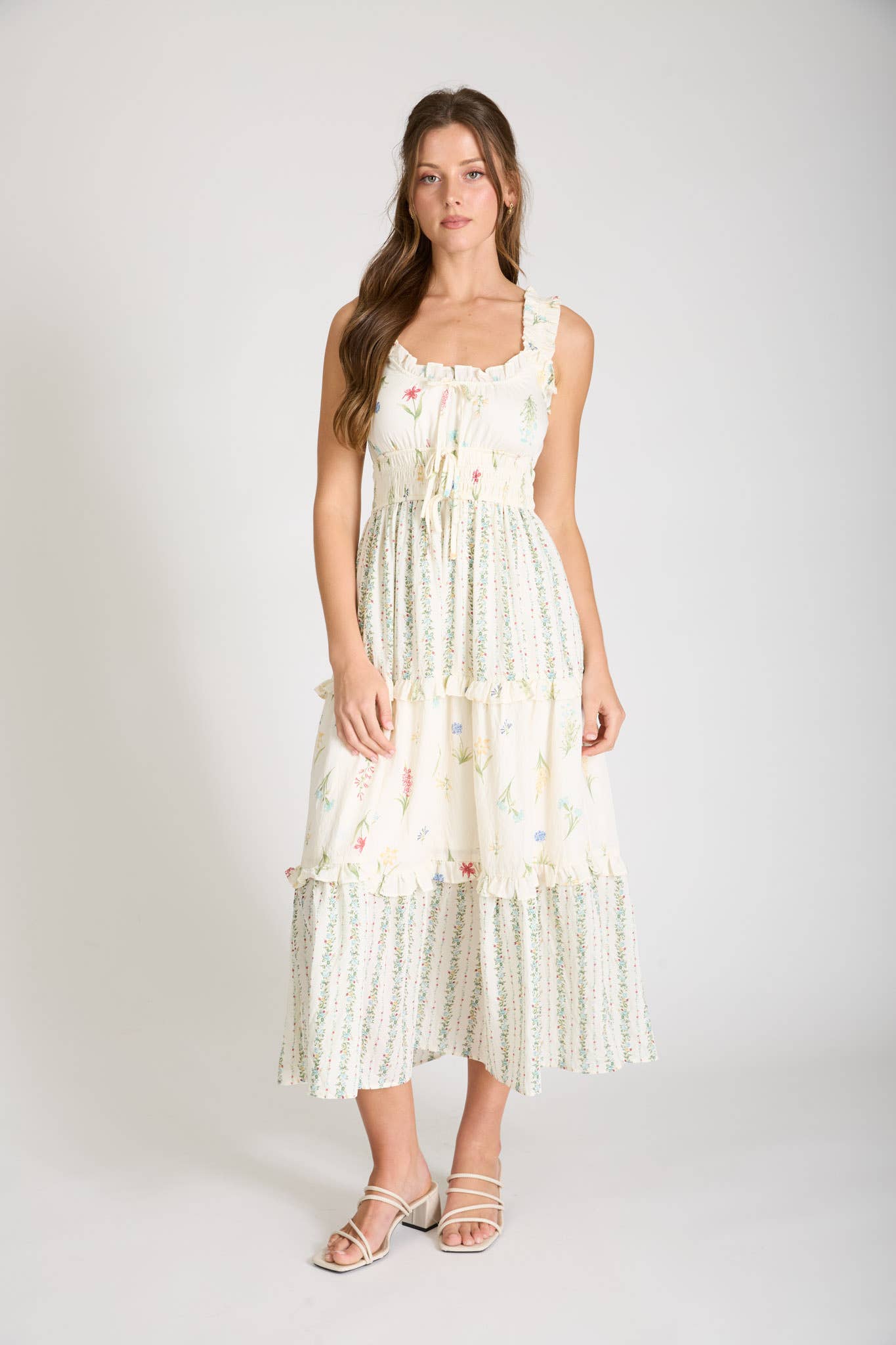FLORAL COLORBLOCK RUFFLED TIERED MIDI DRESS (PRE-ORDER)