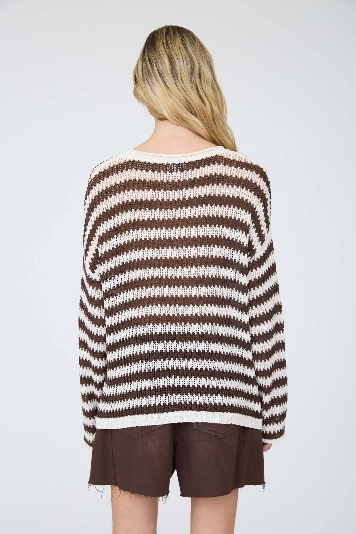STRIPE RAW EDGE SPLIT NECK SHEER KNIT SWEATER
