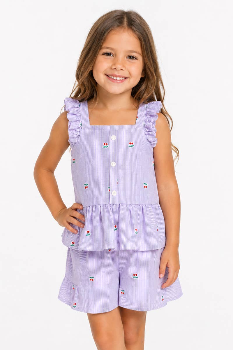 GKSS-Q26-38431B Girl's 2pc Stripe Short Set w/ Cherry Print