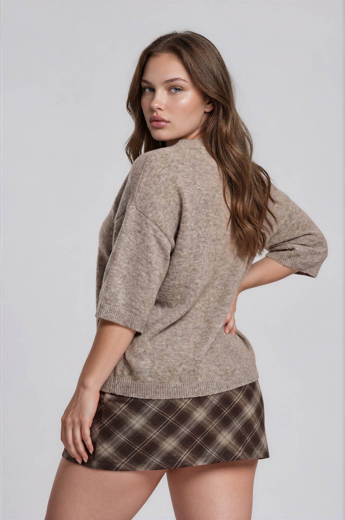 PLUS HEATHERED CREW NECK HALF SLEEVE BOXY PULLOVER