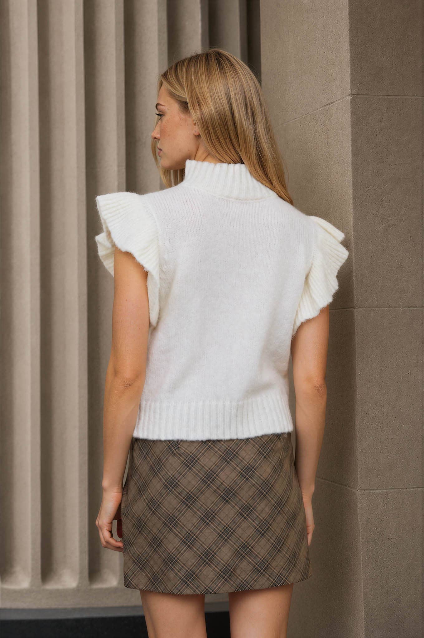 RUFFLE SLEEVE MOCK NECK RIBBED SWEATER