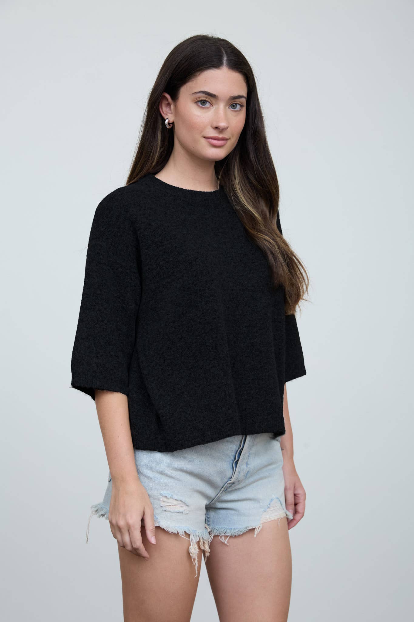 HEATHERED CREW NECK HALF SLEEVE BOXY PULLOVER