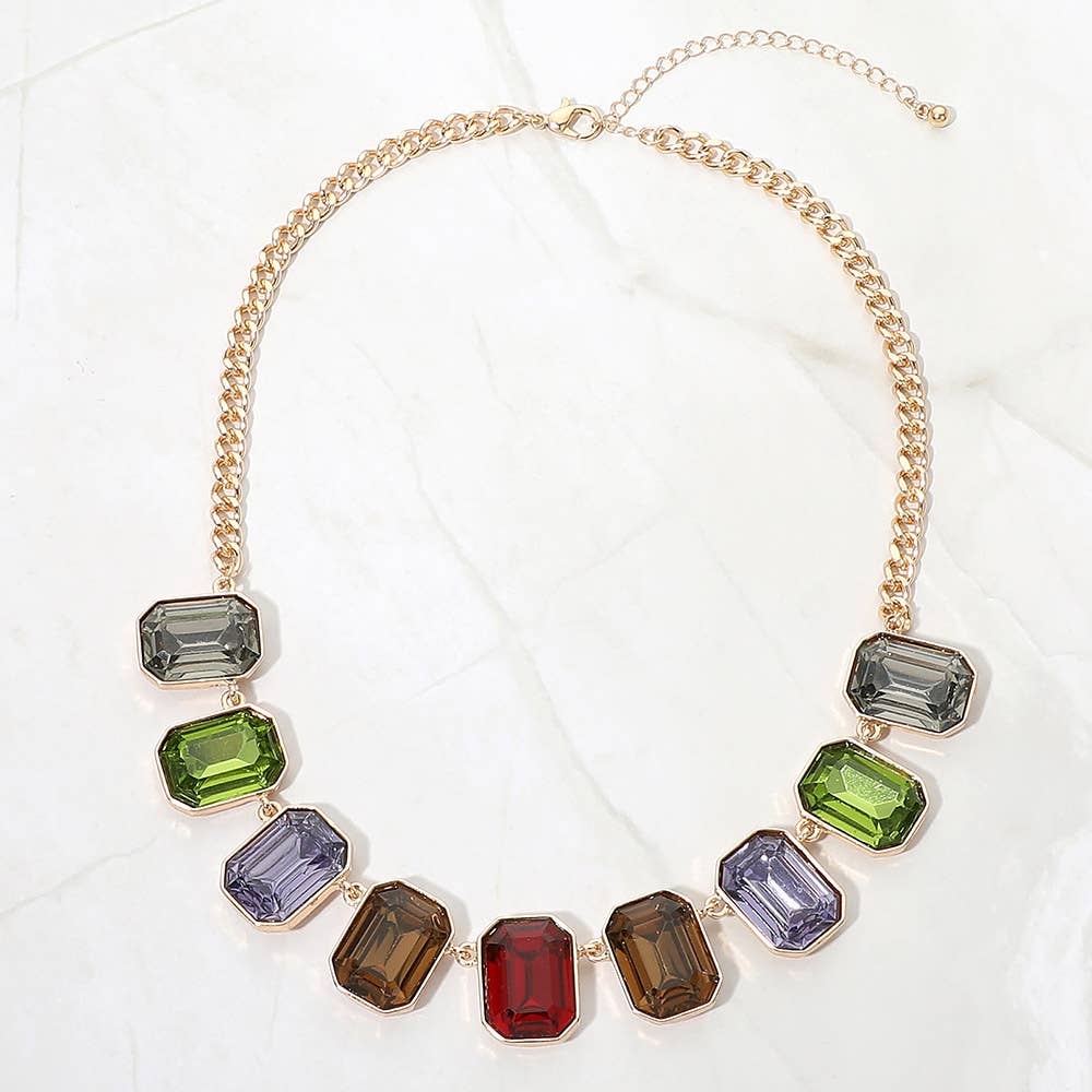 Emerald Cut Stone Cluster Link Necklace