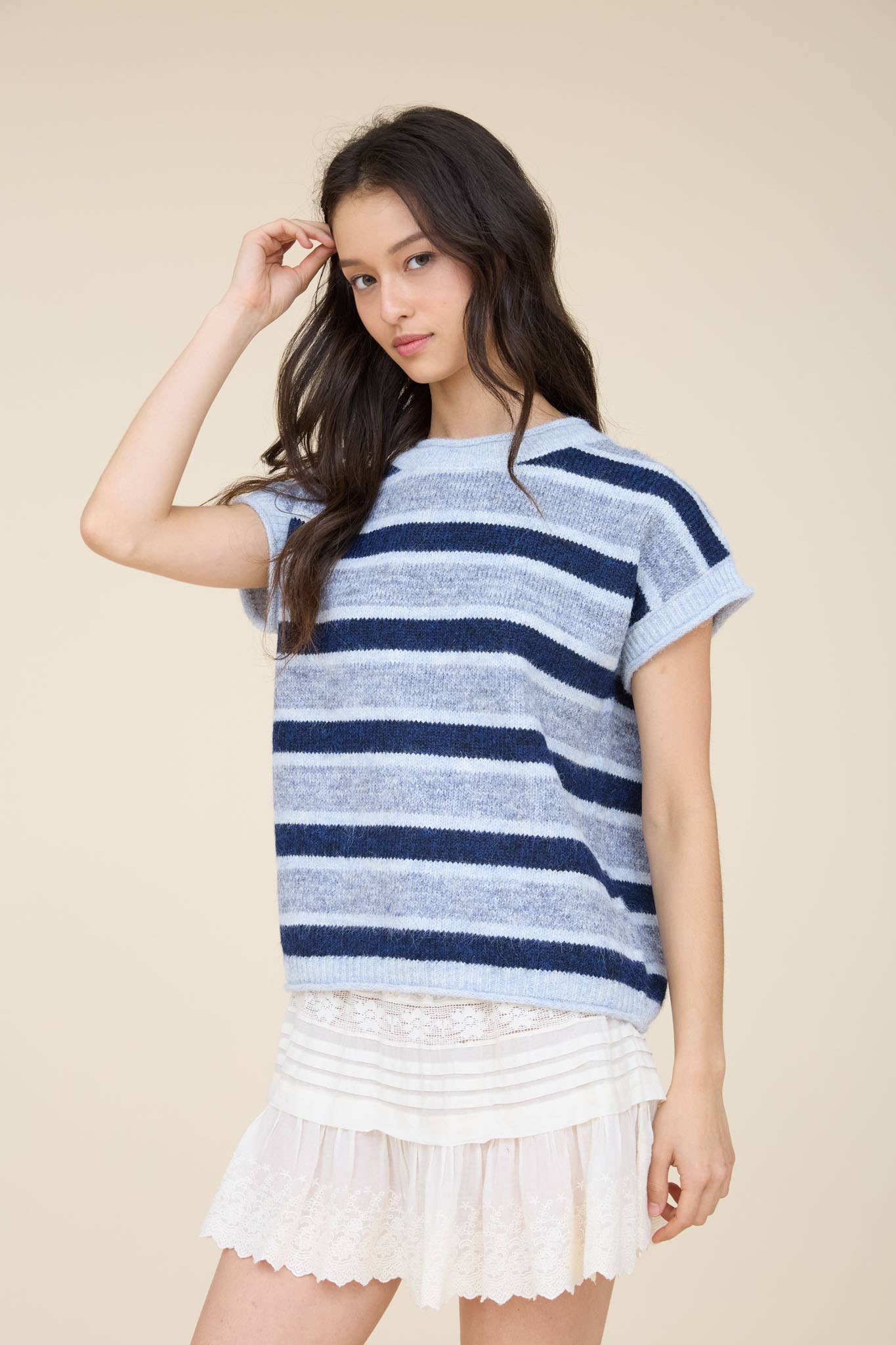 MARLED STRIPE SHORT SLEEVE RAW EDGE KNIT SWEATER