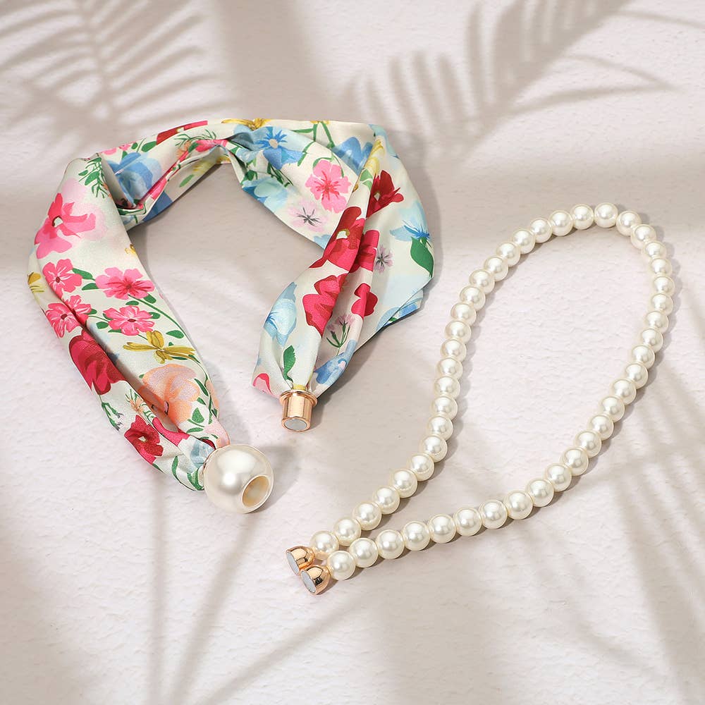 SECRET BOX_Pattern Print Fabric Scarf Pearl Magnetic Necklace