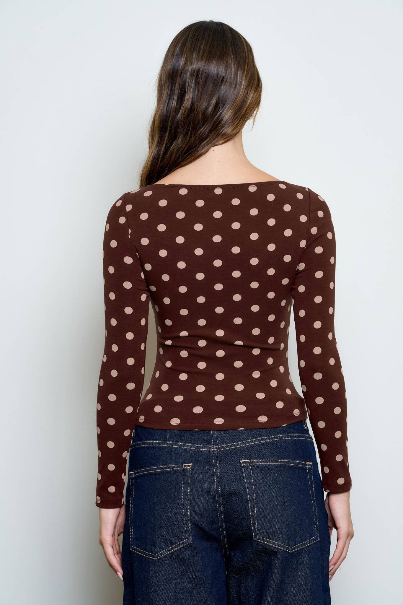 POLKA DOT BOAT NECK LONG SLEEVE KNIT TOP