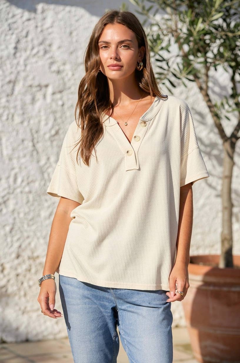 Button Down Waffle Knit Top