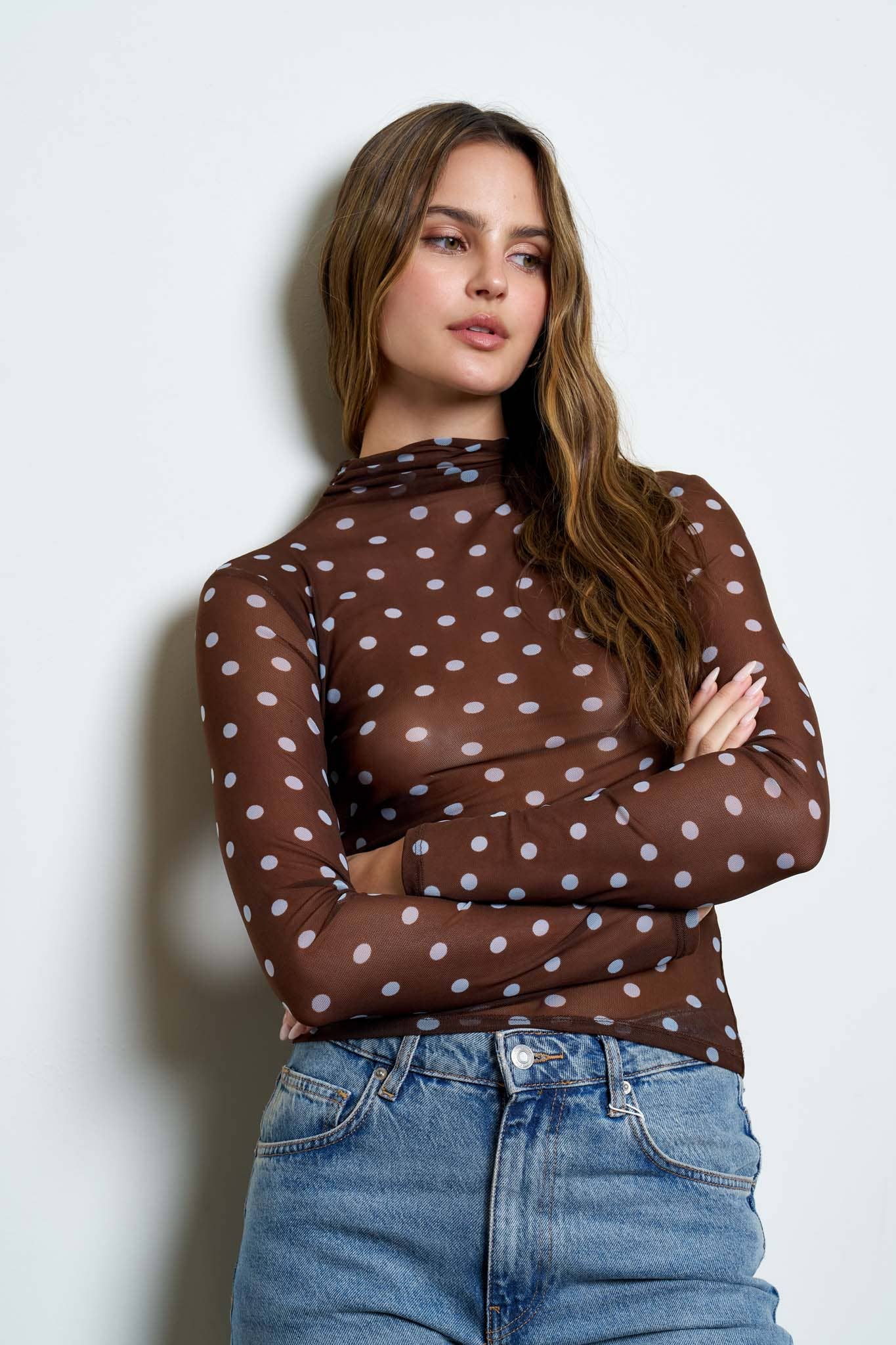 POLKA DOT MESH MOCK NECK LONG SLEEVE KNIT TOP