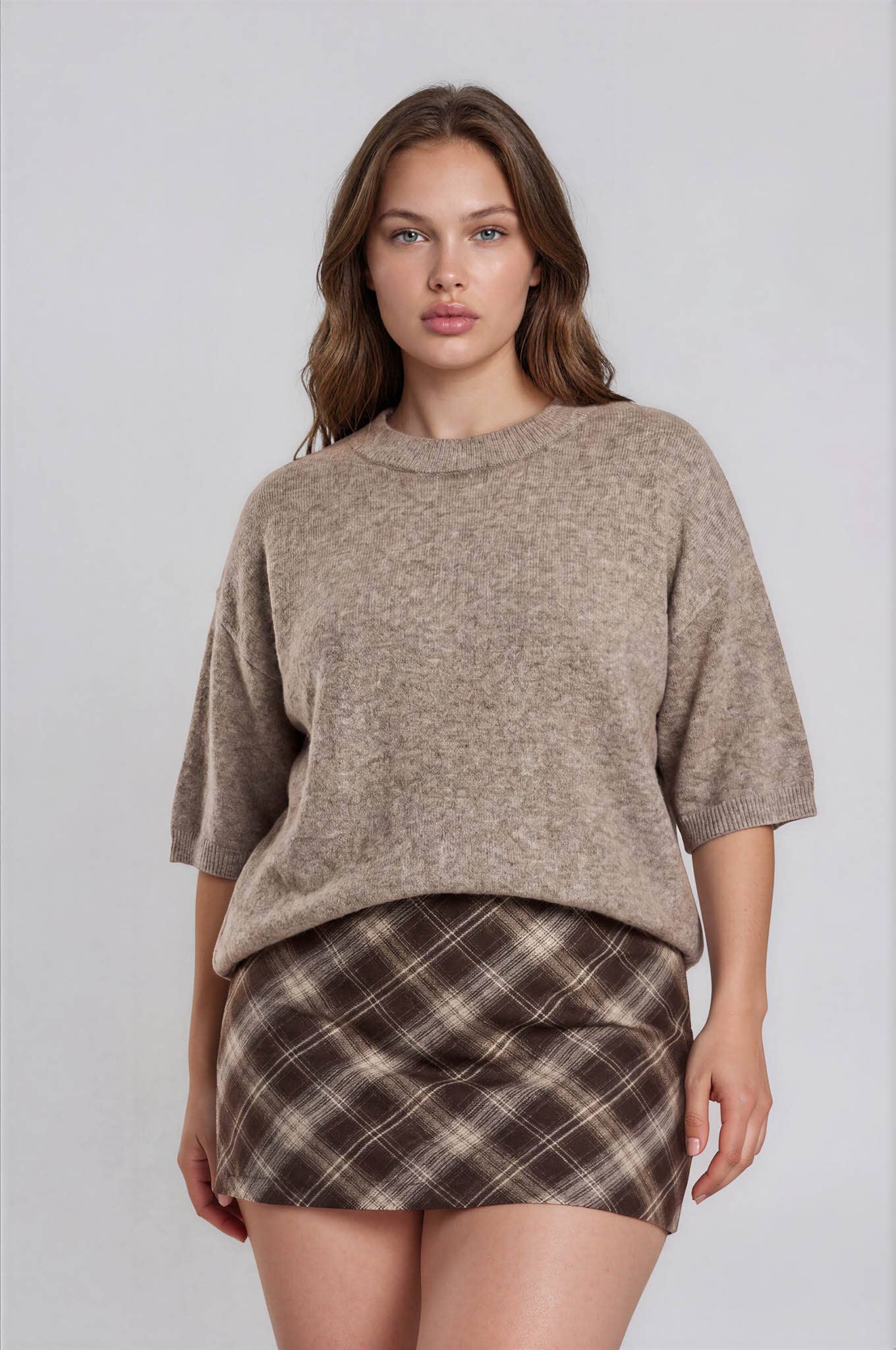 PLUS HEATHERED CREW NECK HALF SLEEVE BOXY PULLOVER
