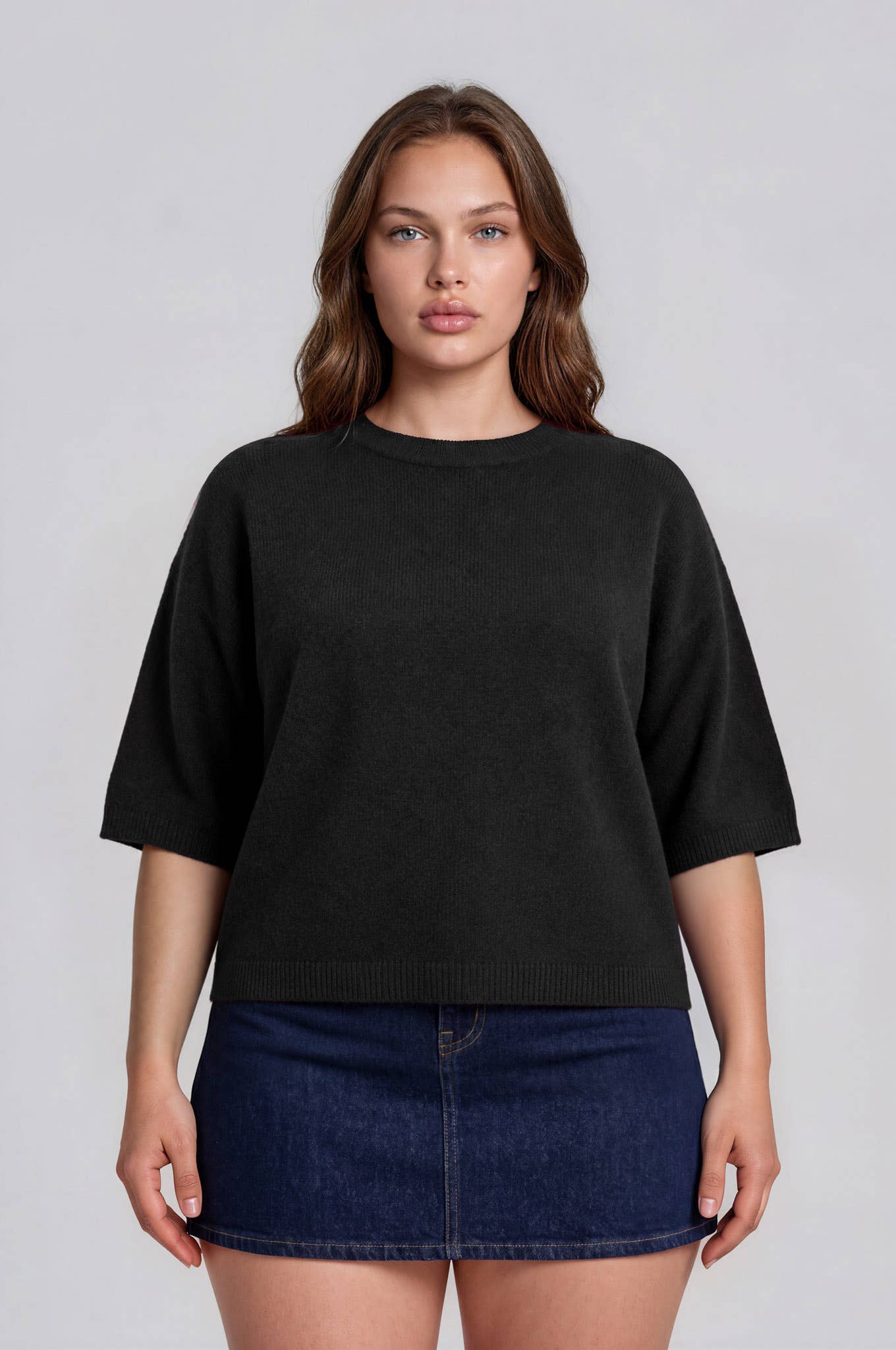 PLUS HEATHERED CREW NECK HALF SLEEVE BOXY PULLOVER