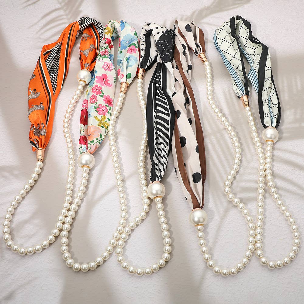 SECRET BOX_Pattern Print Fabric Scarf Pearl Magnetic Necklace