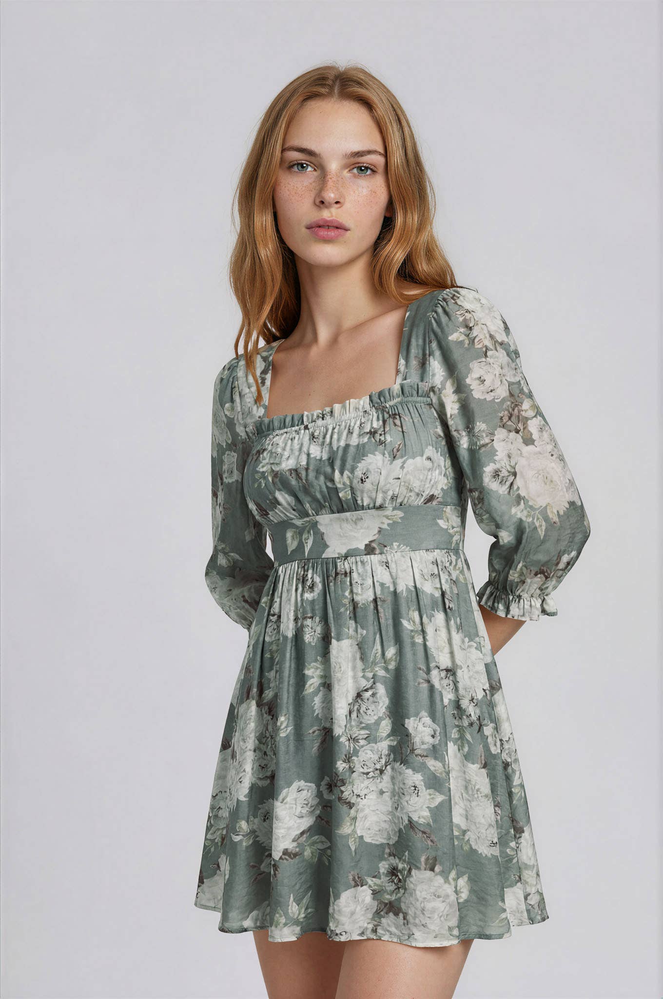 FLORAL SQUARE NECK HALF SLEEVE MINI DRESS