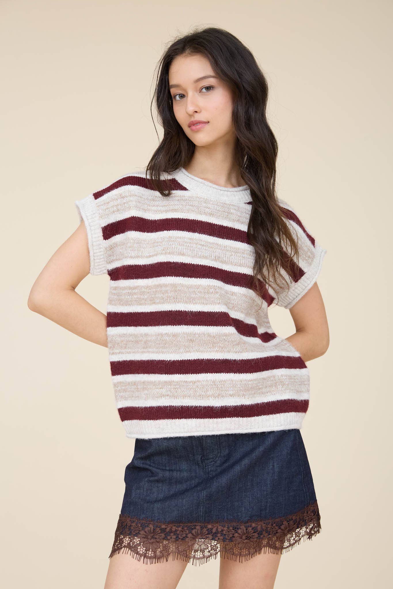 MARLED STRIPE SHORT SLEEVE RAW EDGE KNIT SWEATER