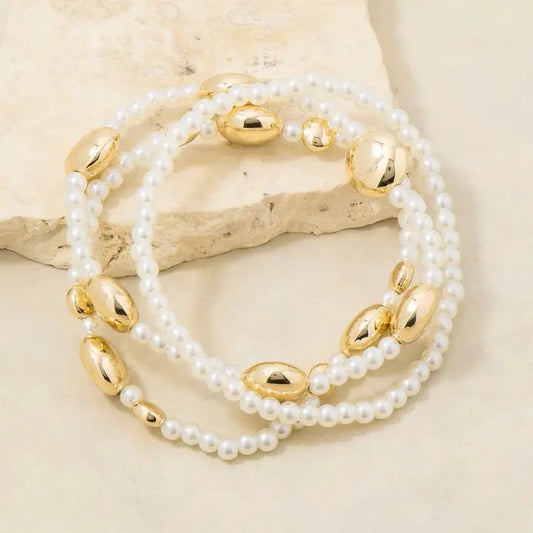 Metallic Discs and Pearl Beads Bracelet Set