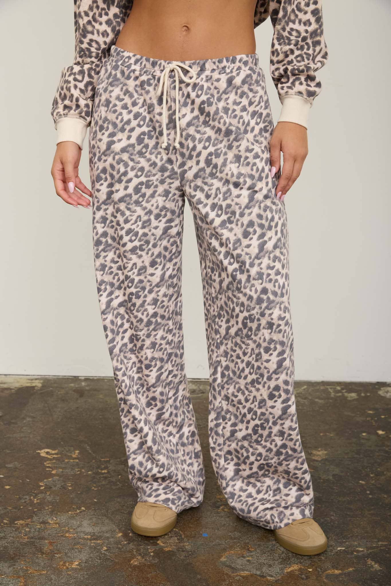 LEOPARD DRAWSTRING WIDE LEG LOUNGE PANTS