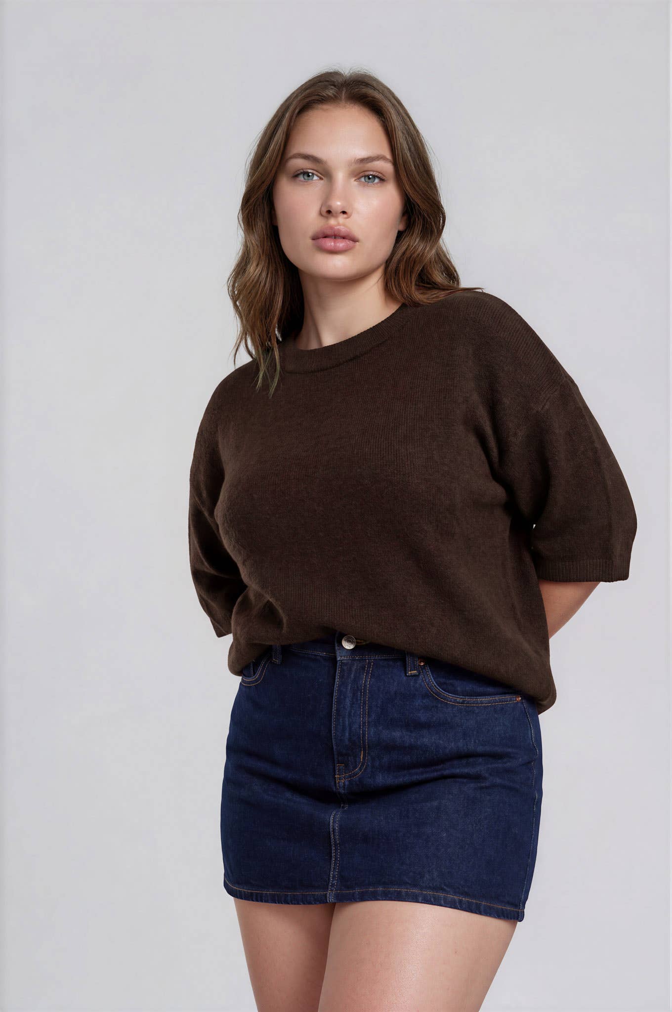 PLUS HEATHERED CREW NECK HALF SLEEVE BOXY PULLOVER