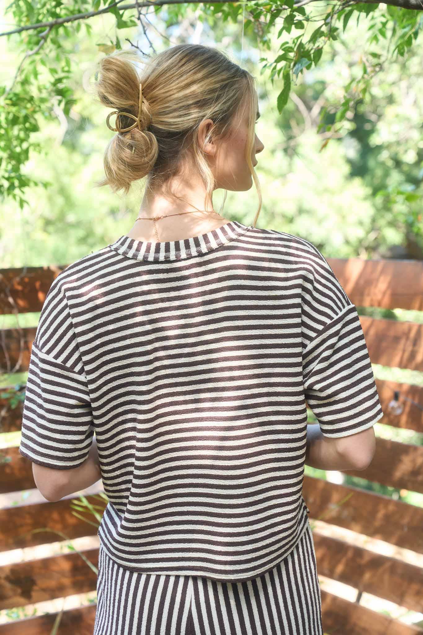 STRIPE SHORT SLEEVE DROP SHOULDER BOXY KNIT TOP