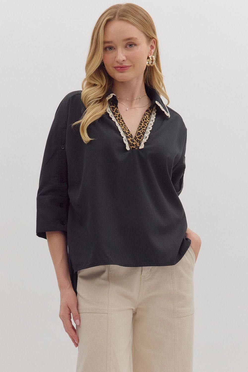 Black w/ Leopard Print & Scallop Lace Trim Top