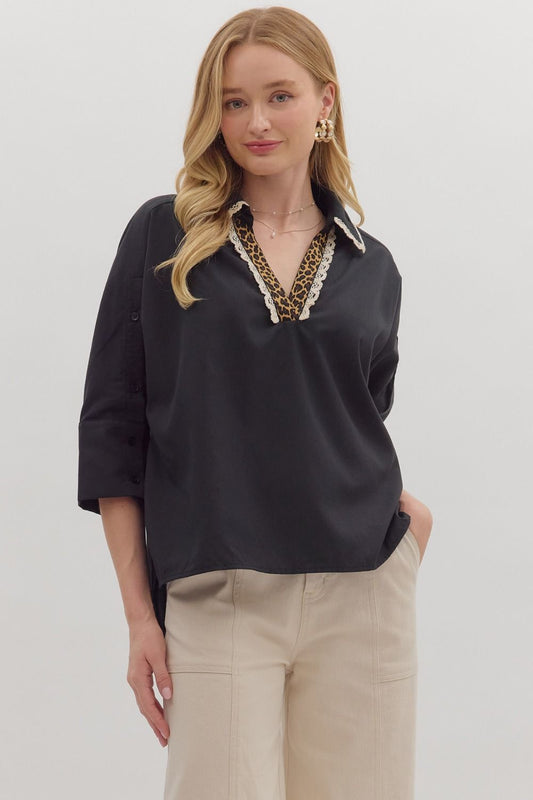 Black w/ Leopard Print & Scallop Lace Trim Top