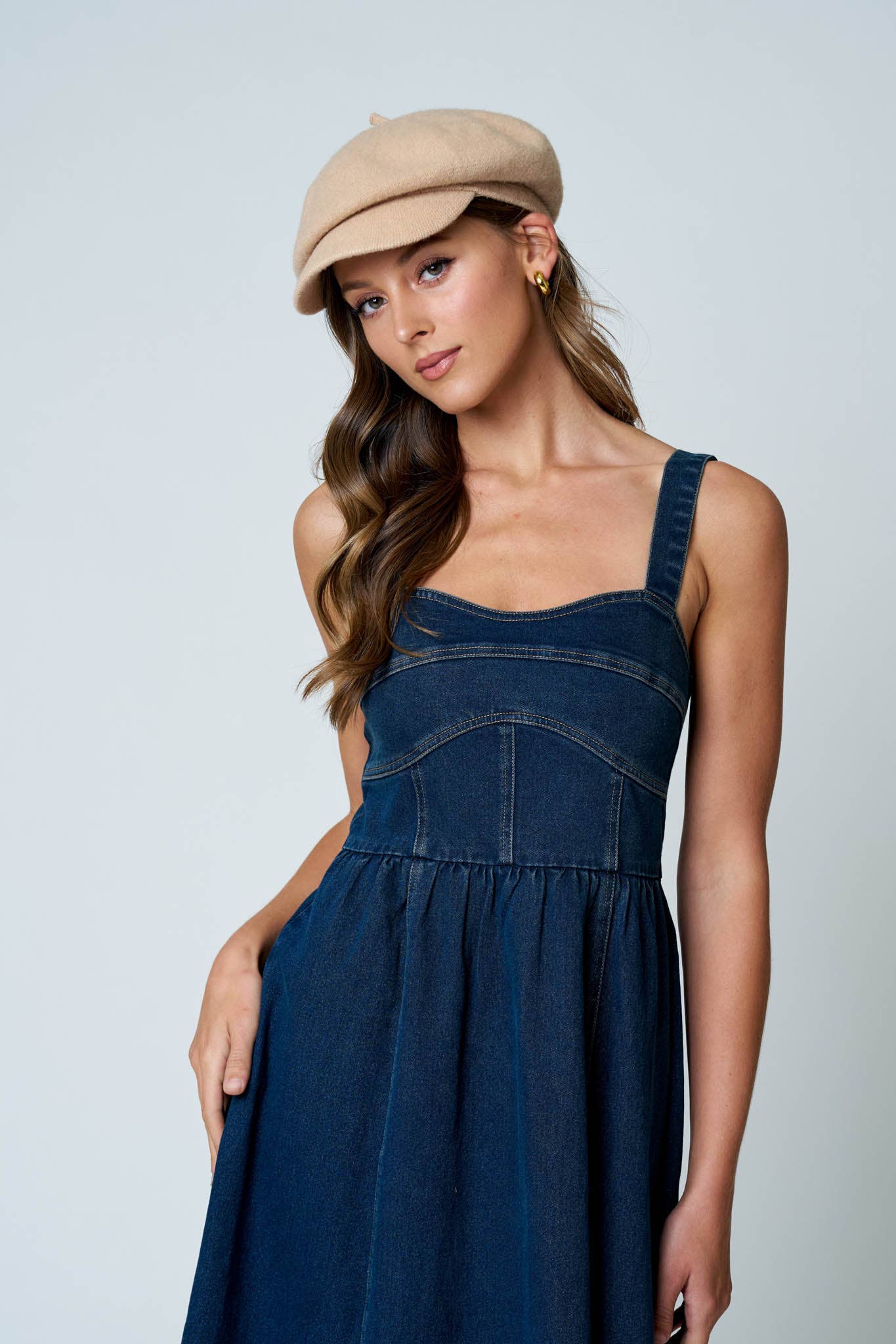 SWEETHEART CORSET SEAM DETAIL DENIM MIDI DRESS