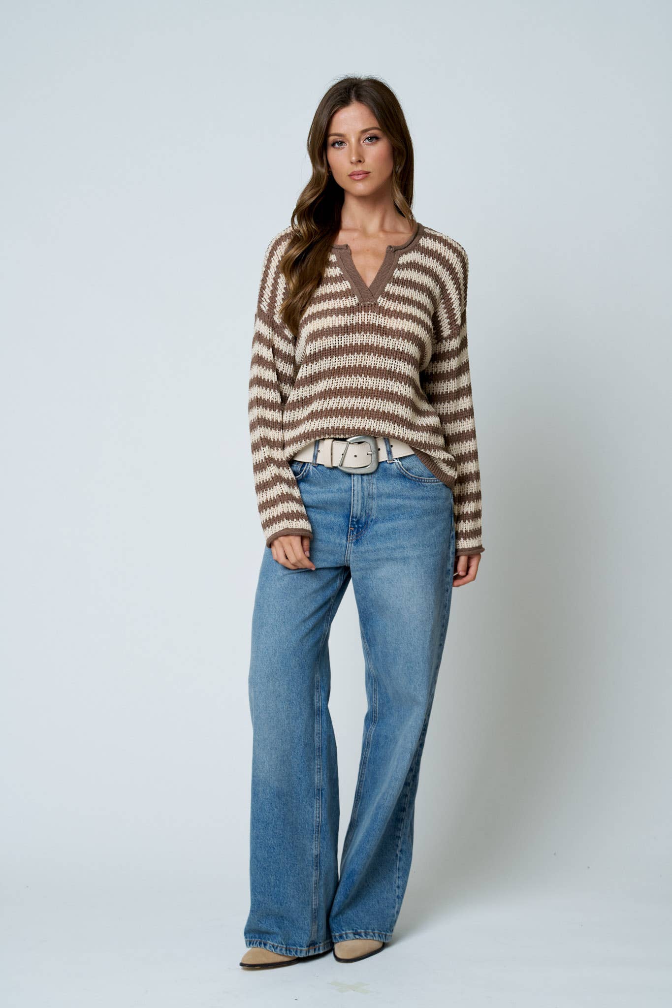 STRIPE RAW EDGE SPLIT NECK SHEER KNIT SWEATER