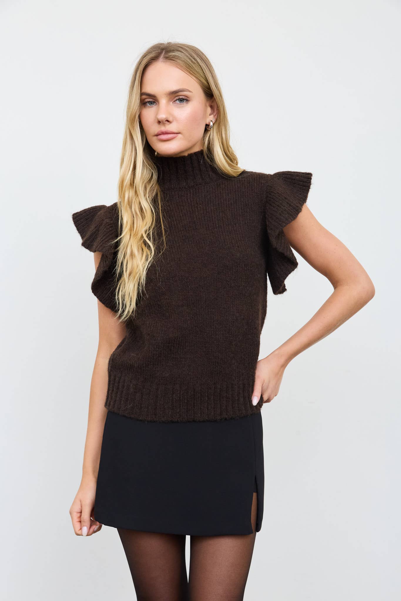 RUFFLE SLEEVE MOCK NECK RIBBED SWEATER