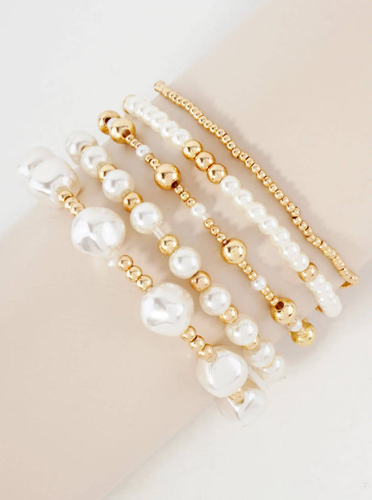 5PC-Set Skinny Metallic Beads Pearls Stackable Stretch Bracelets
