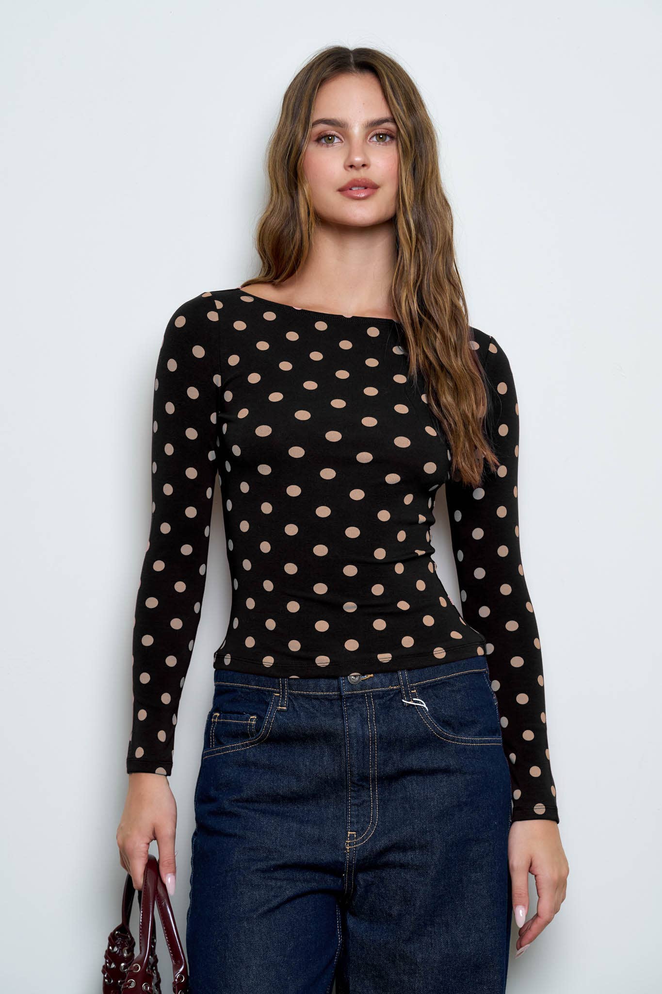 POLKA DOT BOAT NECK LONG SLEEVE KNIT TOP