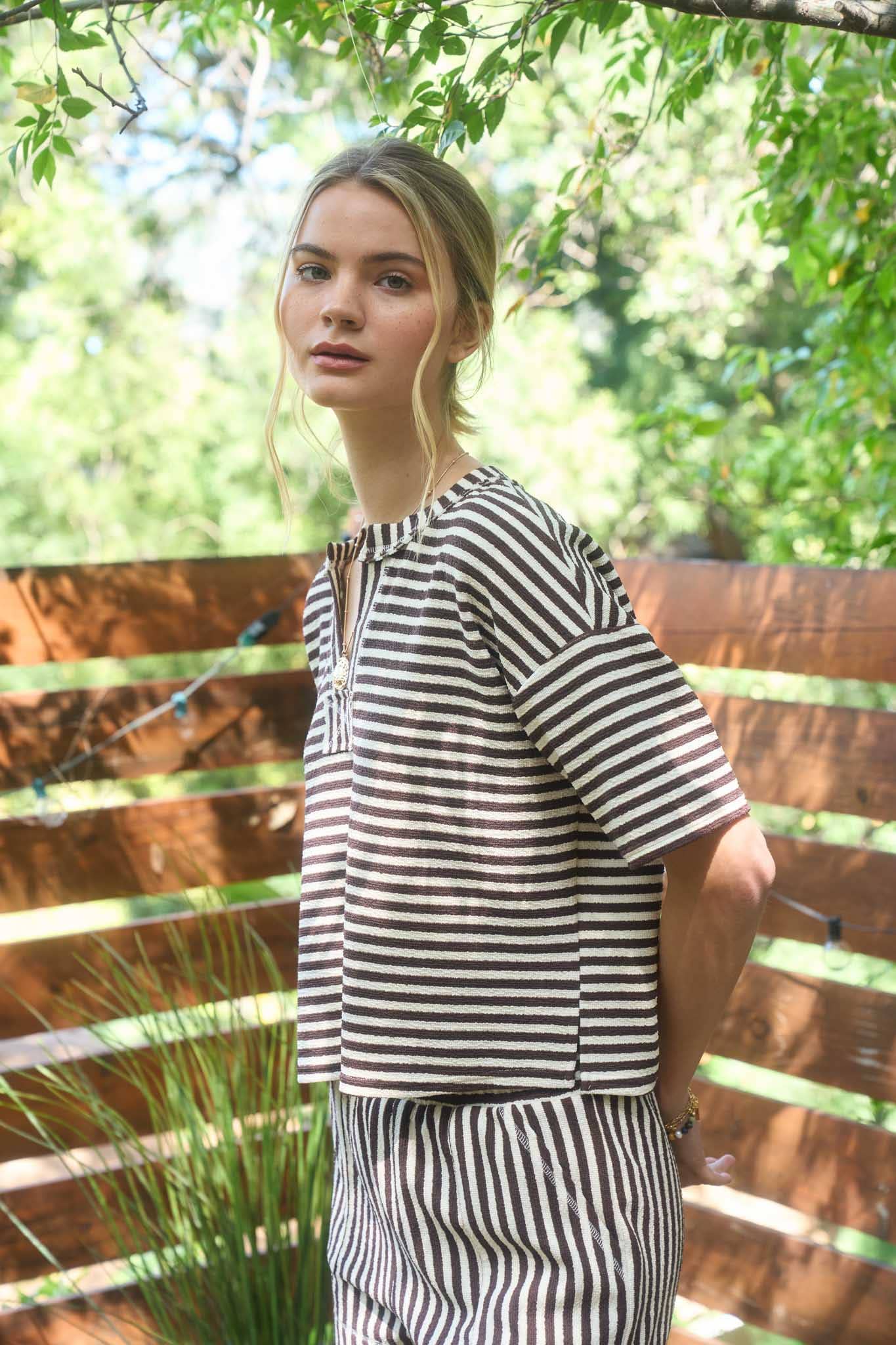 STRIPE SHORT SLEEVE DROP SHOULDER BOXY KNIT TOP