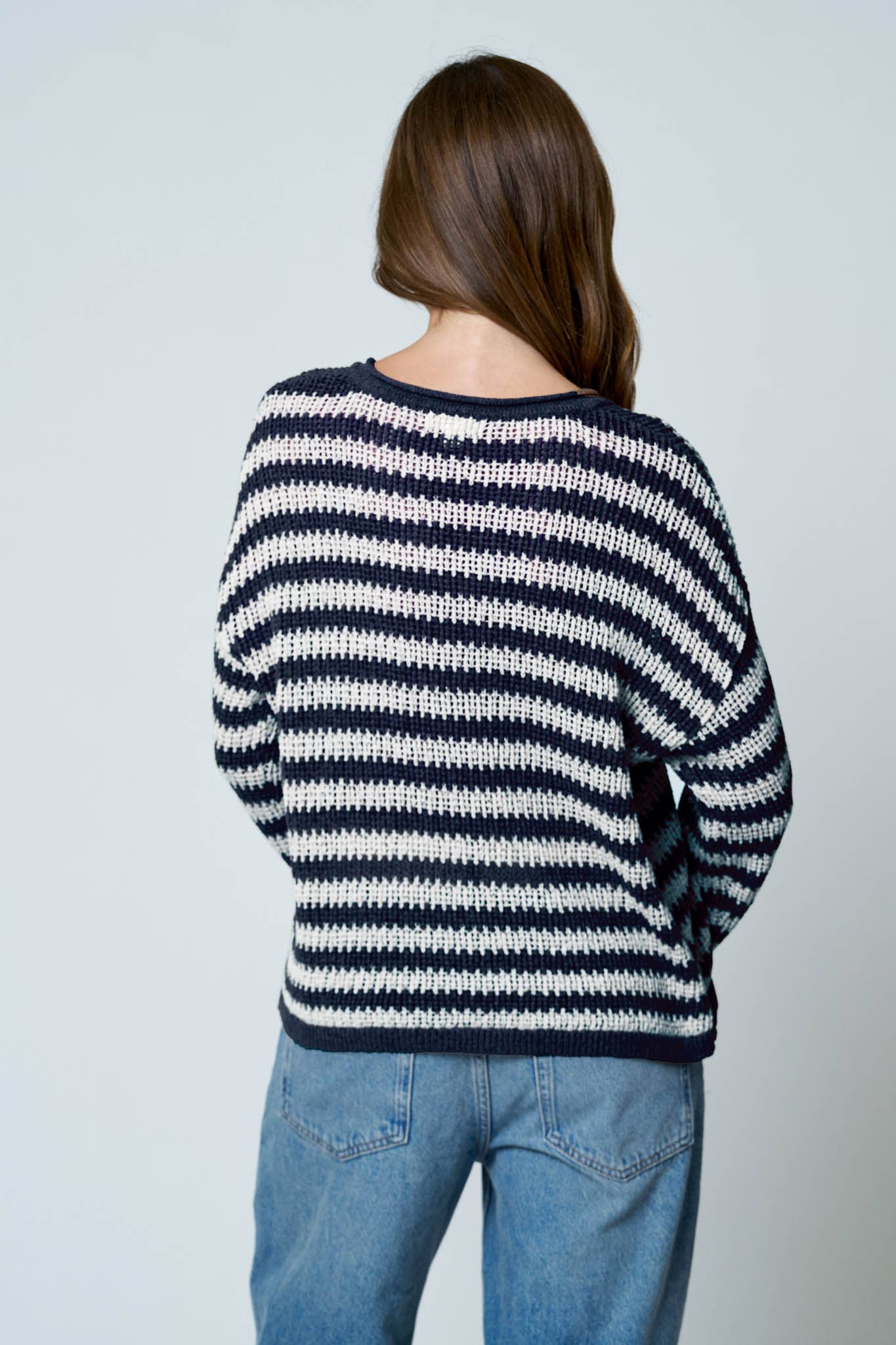 STRIPE RAW EDGE SPLIT NECK SHEER KNIT SWEATER