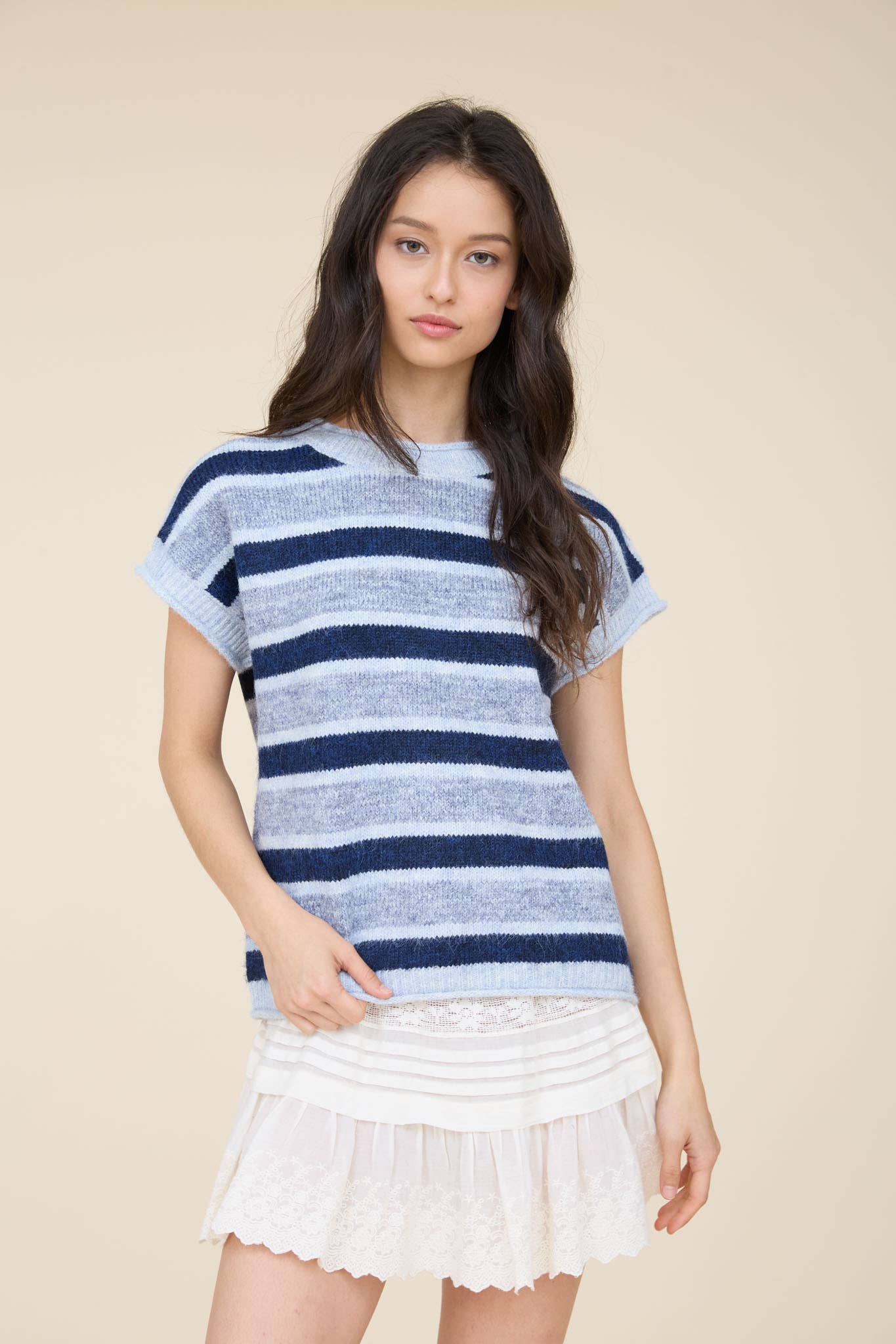 MARLED STRIPE SHORT SLEEVE RAW EDGE KNIT SWEATER