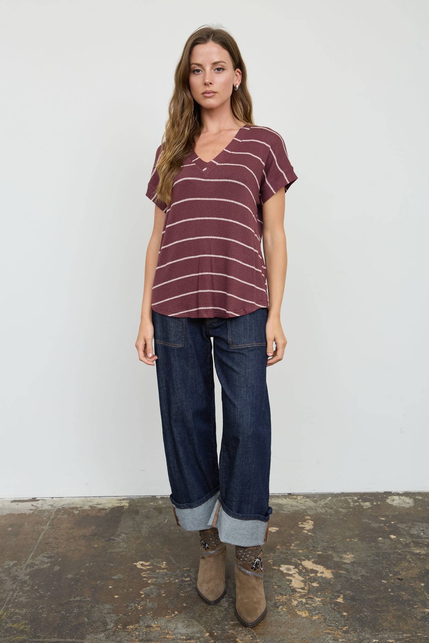 STRIPE V NECK CUFFED SLEEVE KNIT TOP