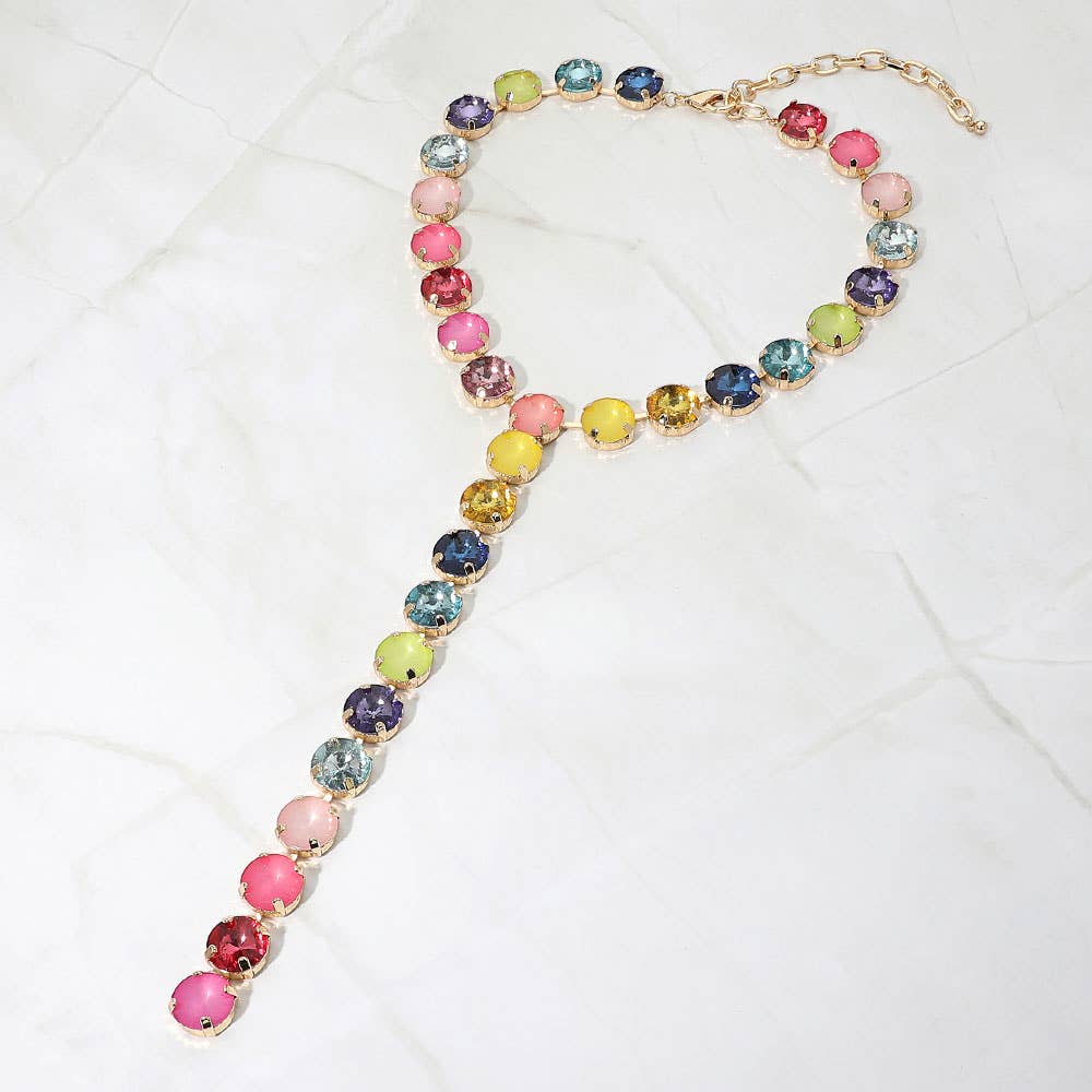 Multicolor Round Gem Link Y-Drop Statement Necklace