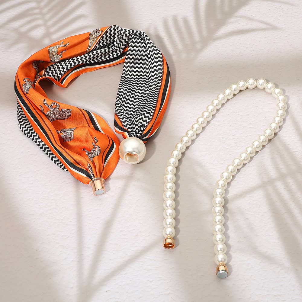 SECRET BOX_Pattern Print Fabric Scarf Pearl Magnetic Necklace
