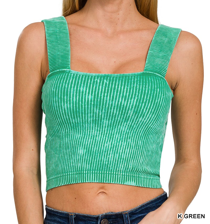WASHED RIBBED SQUARE NECK TOP WITH BRA PADS