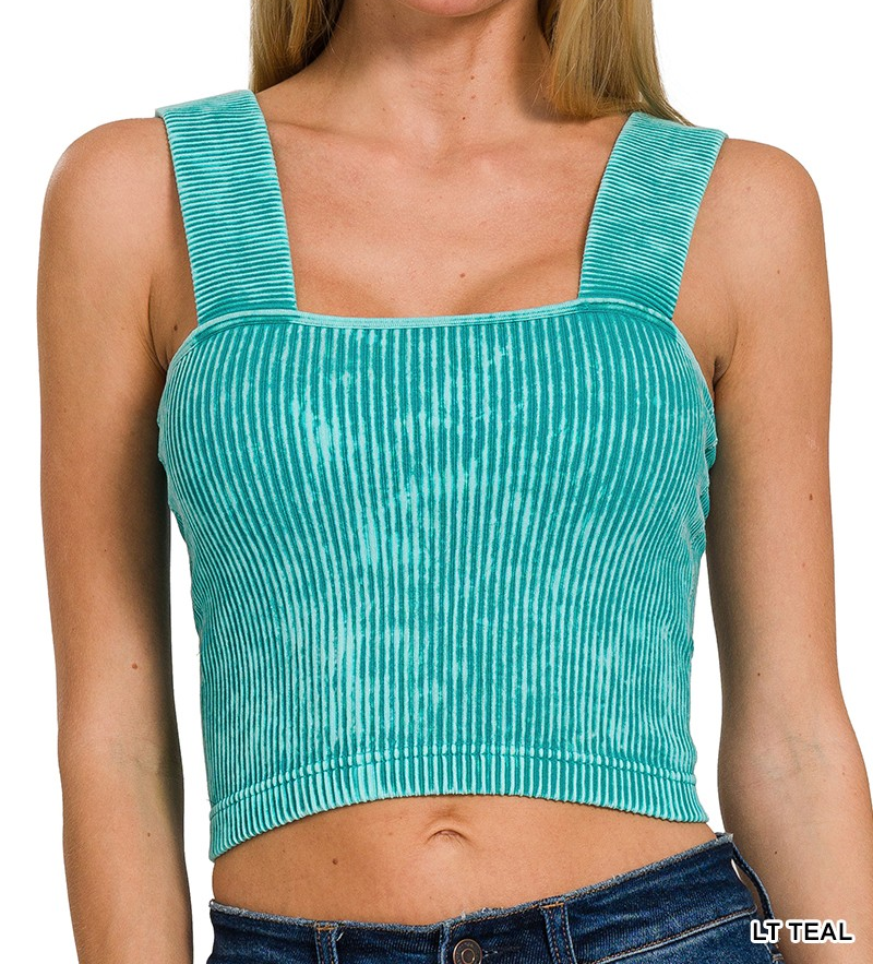 WASHED RIBBED SQUARE NECK TOP WITH BRA PADS